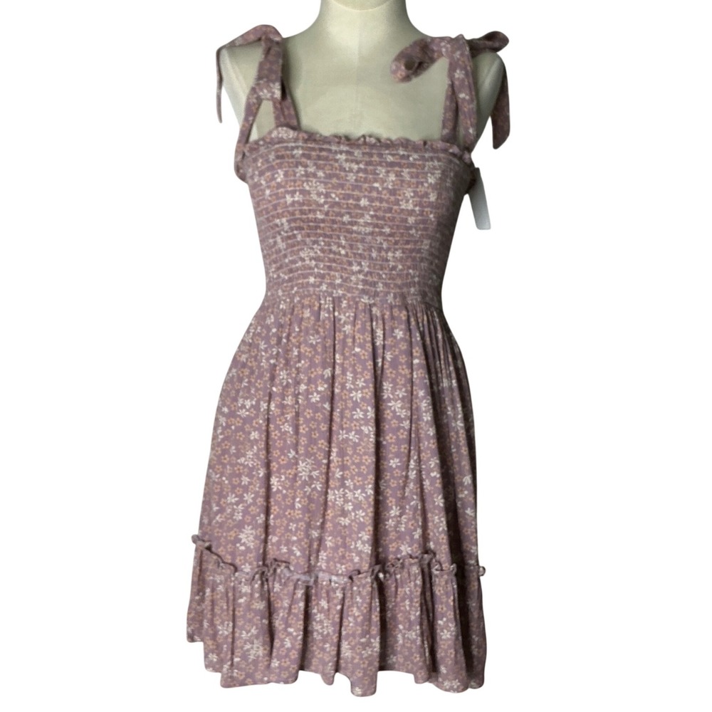 Becool Floral Smocked Mini Dress Peach Tie Shoulder Ruffle Hem Small NWT - Picture 2 of 7